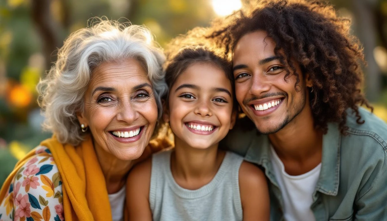 Família brasileira de três gerações sorrindo — cuidado dental contínuo ao longo da vida