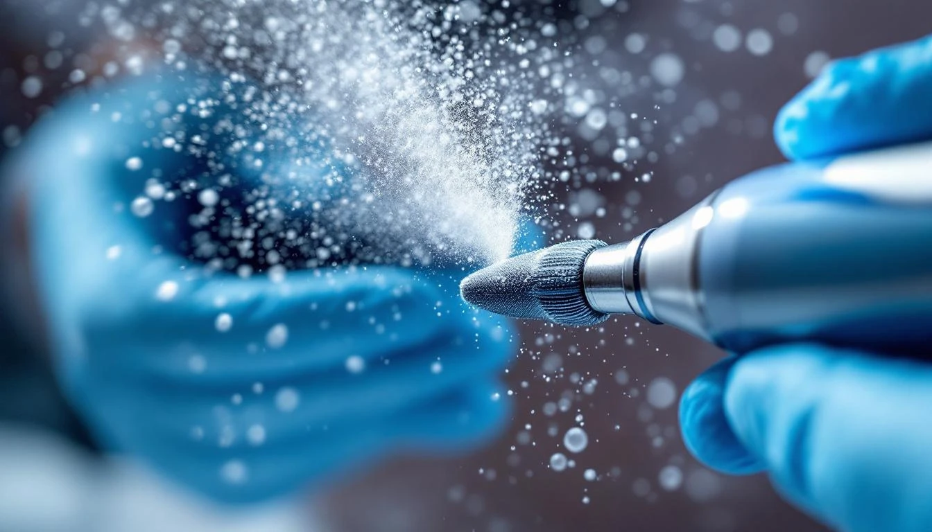 Detalhe do jato de Airflow profissional removendo biofilme dental — pó fino de eritritol em ação